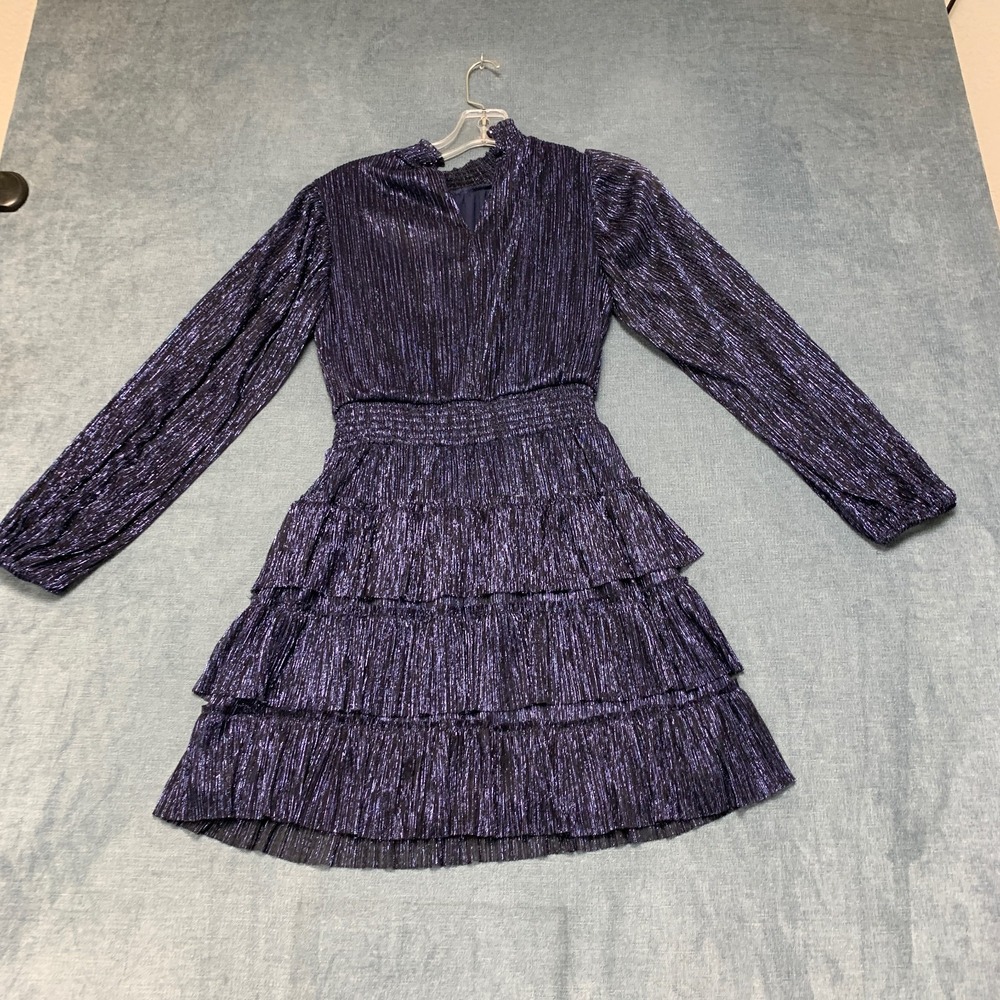 Express Tiered Dress Womens XS Metallic Purple Ruffle Smocked Long Sleeve